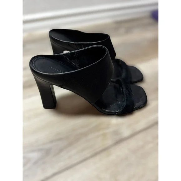 Vince Stylish Quinn Black Leather Suede Block Heel Mule Sandals Women's Size 7.5 - Picture 4 of 9